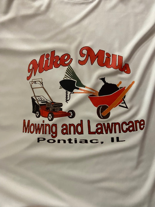 Custom Shirt made for a Rec League basketball team Featuring Mike Mills Lawncare.
